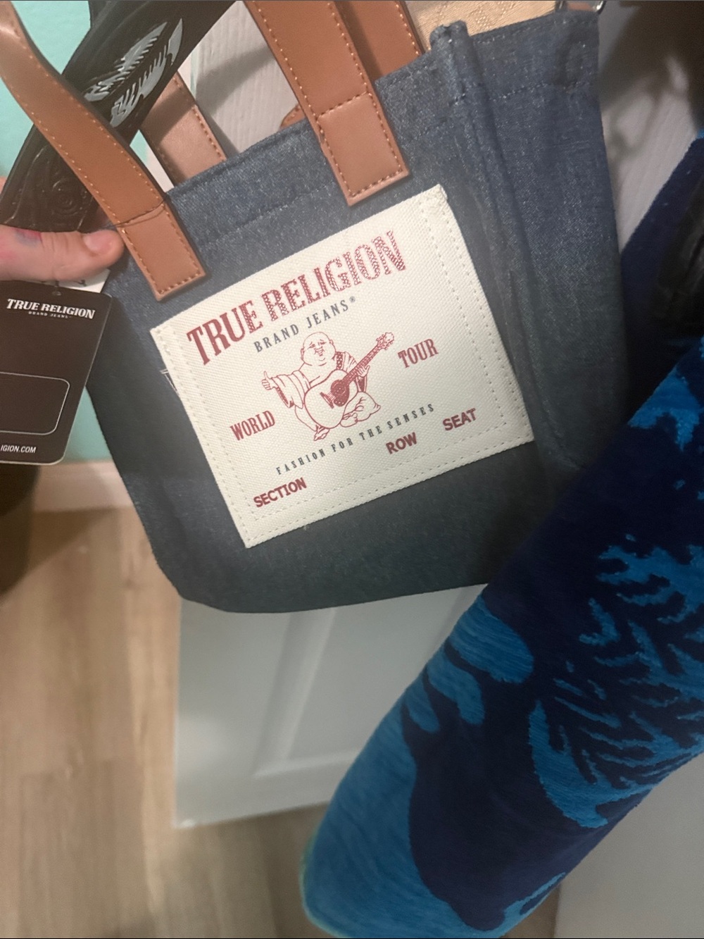 True Religion Blue Denim Messenger Tote with Tan Handles